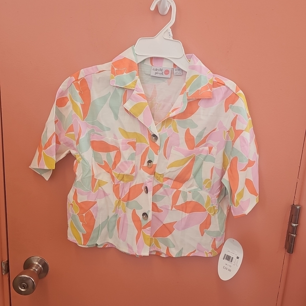 NWT Colorful Planet Girls Size M(10) Button Front Crop Top Shirt Retro Print